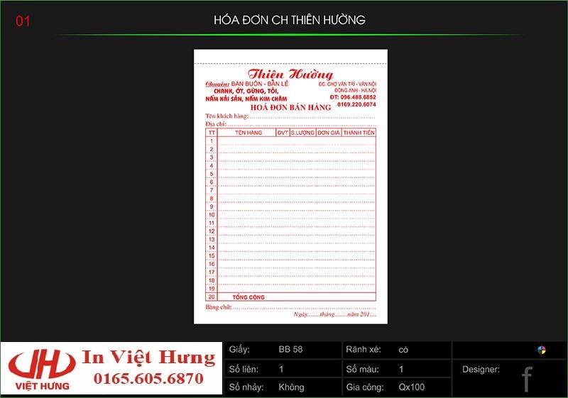 Mẫu in hóa đơn Nhà Hàng Thiên Hương