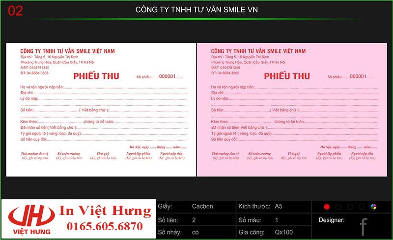 In phiếu thu công ty TNHH tư vấn Smile Việt Nam